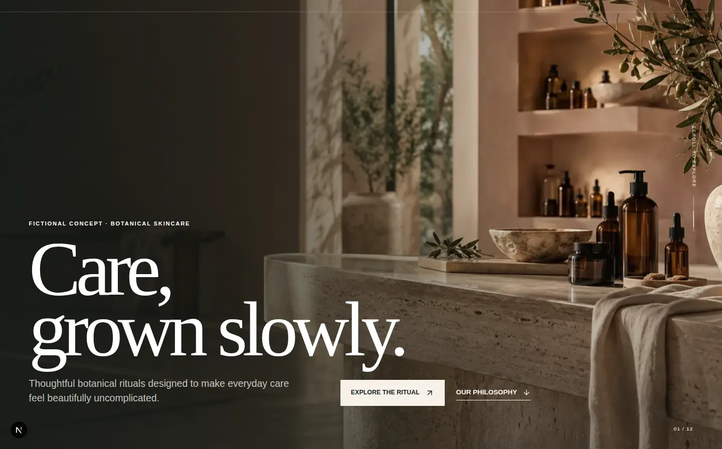 Botanical Skincare Experience fictional website concept shown on desktop