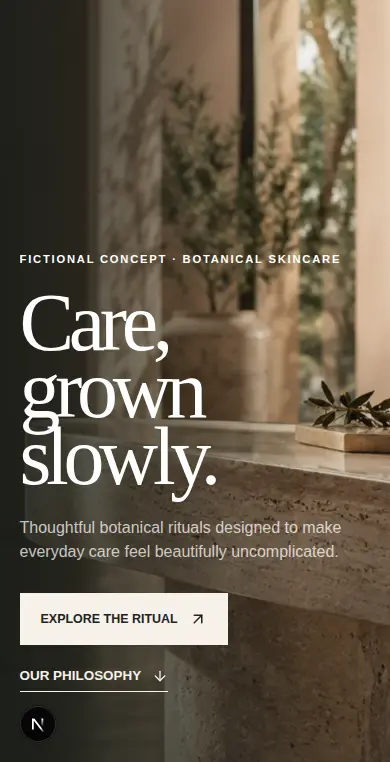 Botanical Skincare Experience fictional website concept shown on mobile