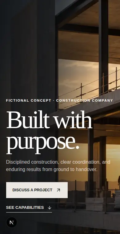 Construction & Engineering Website fictional website concept shown on mobile