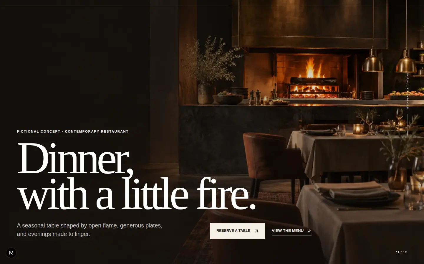 Fire-Led Dining Experience fictional website concept shown on desktop