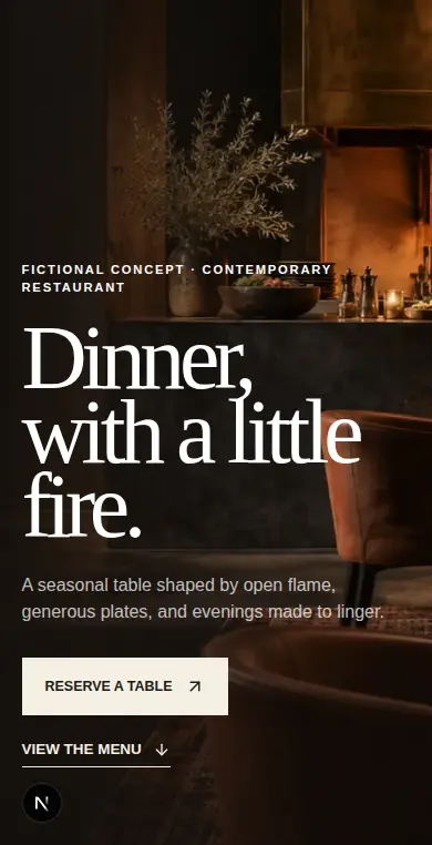 Fire-Led Dining Experience fictional website concept shown on mobile